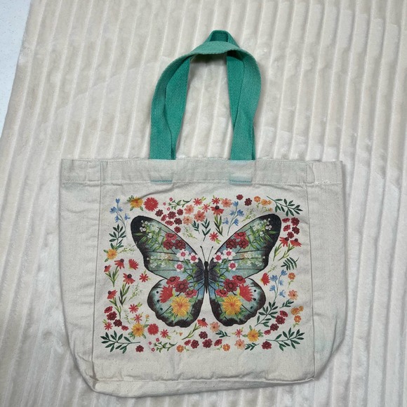 Butterfly Flower Floral Colorful Print Canvas Single Compartment Tote Bag - Picture 4 of 6